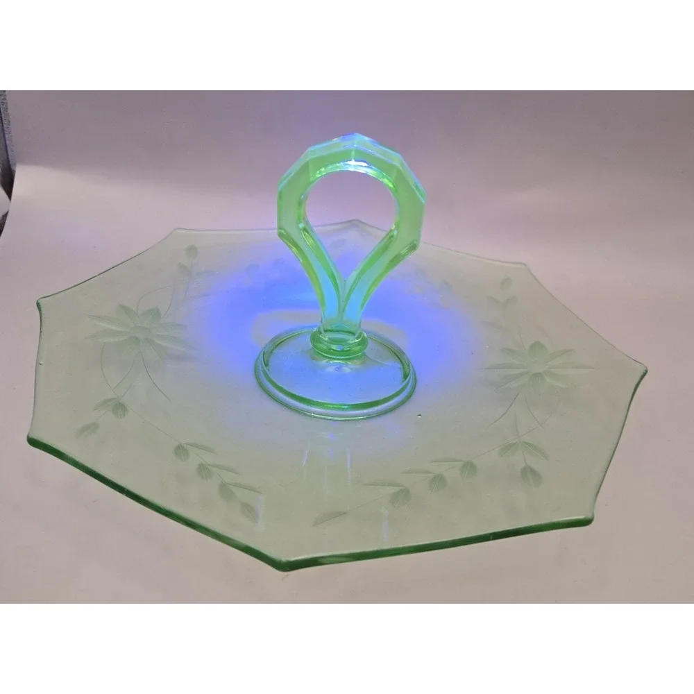 VTG Uranium Platter Glossy Depression Glass  Center Handle Octagon Floral Etched